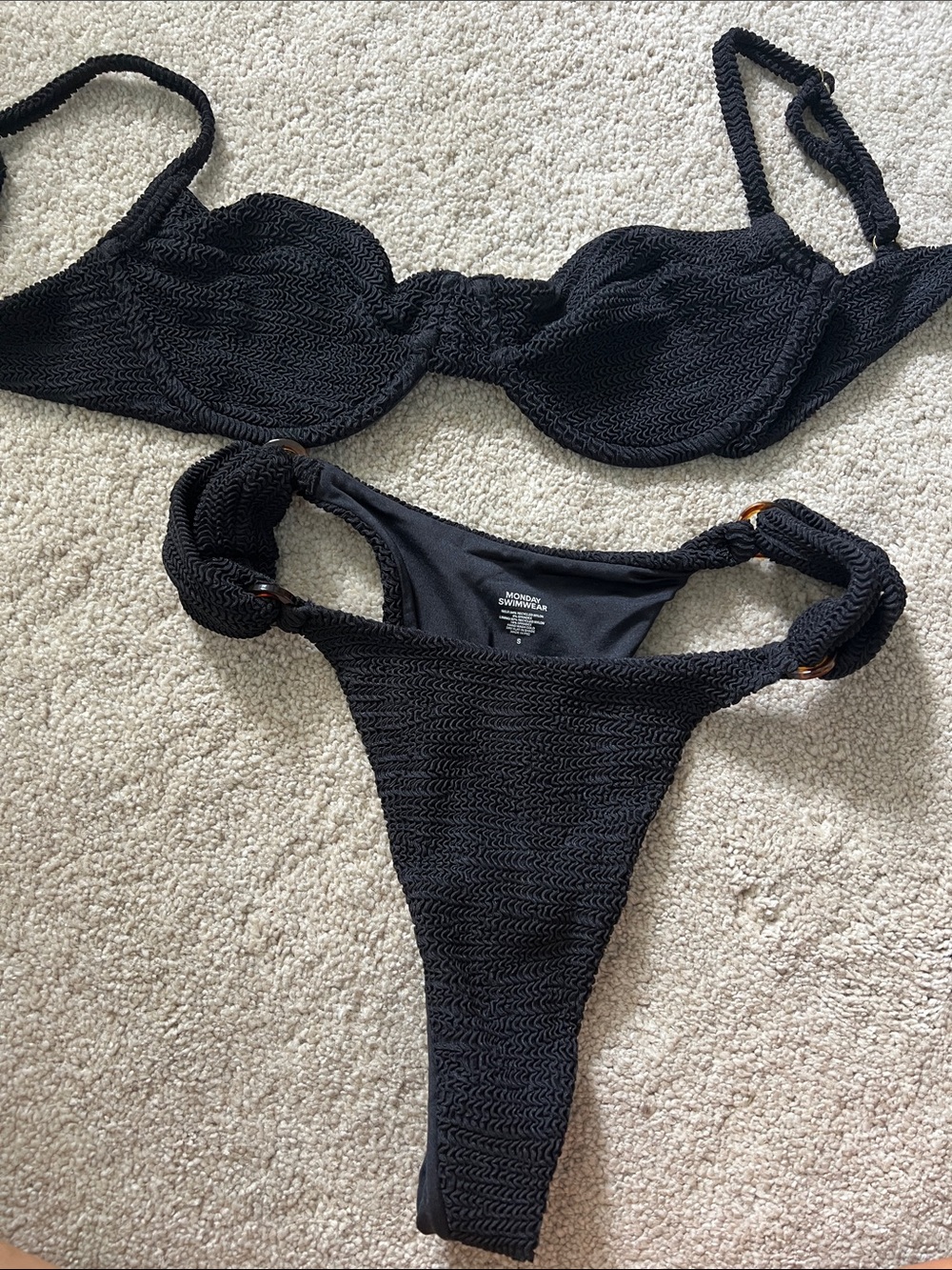 Monday swimwear black bikini set bra top small scrunch crinkle Maui top